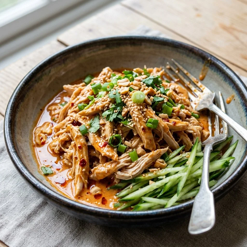 Delicious Bang Bang Chicken served with spicy sauce and garnished with green onions.