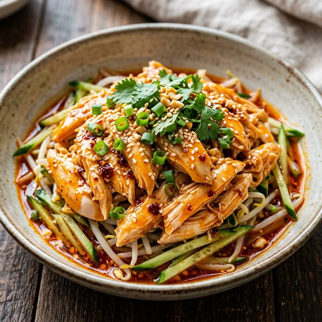 Delicious plate of Bang Bang Chicken with spicy sauce and garnishes.