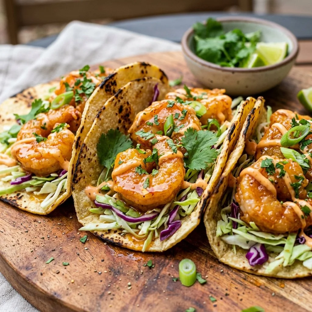 Bang Bang Shrimp Tacos topped with sauce and fresh ingredients on a plate