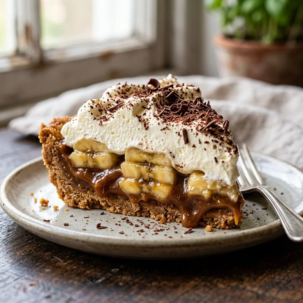 Delicious homemade Banoffee Pie with bananas, toffee, and whipped cream
