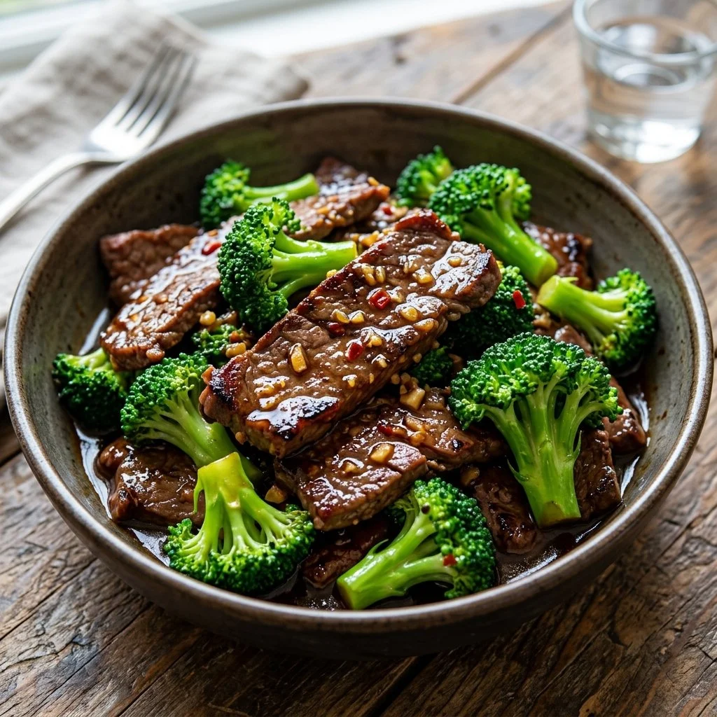 Beef and Broccoli stir fry served in a bowl with vibrant vegetables.