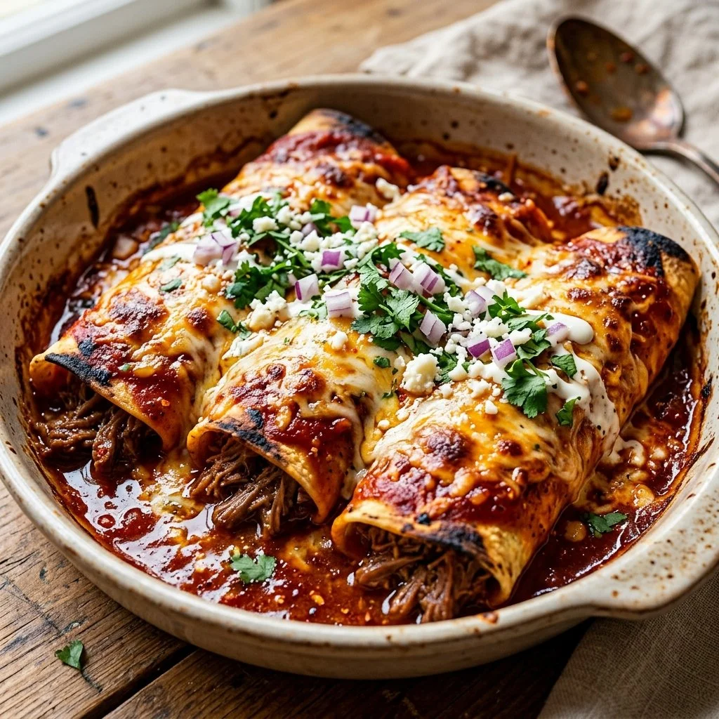 Delicious homemade beef enchiladas topped with cheese and fresh herbs