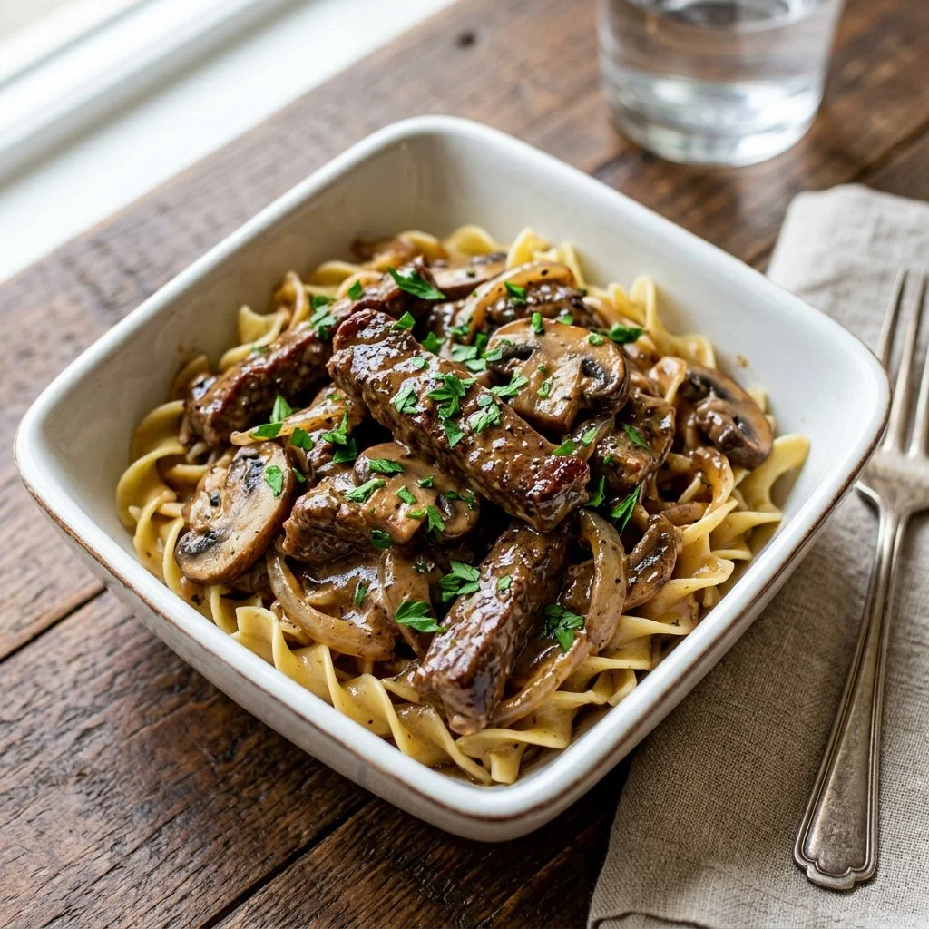 Delicious Beef Stroganoff served with noodles and garnished with parsley