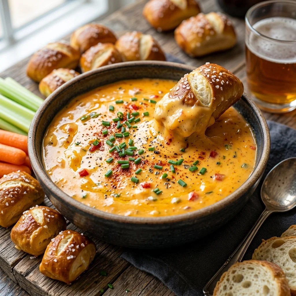 Delicious beer cheese dip served with pretzels.