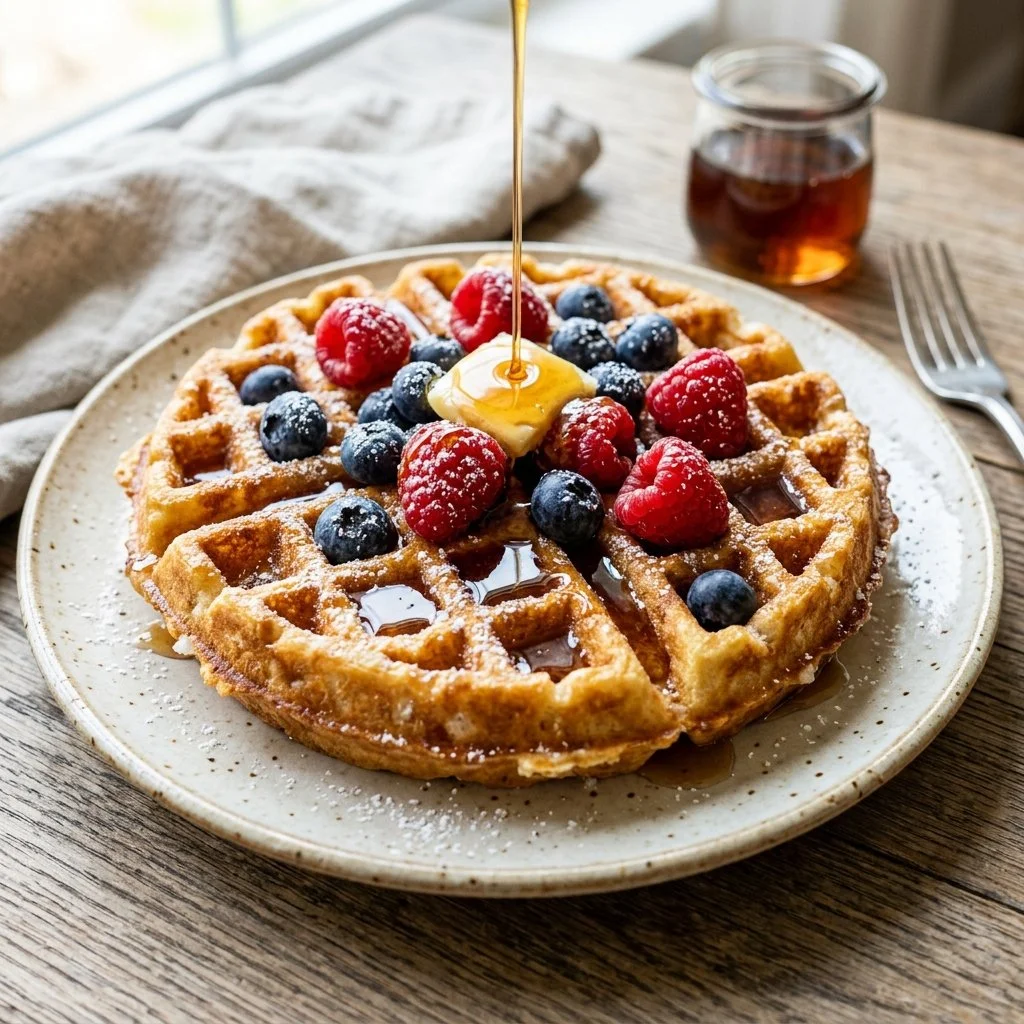 Delicious homemade Belgian waffle topped with fresh strawberries and whipped cream.