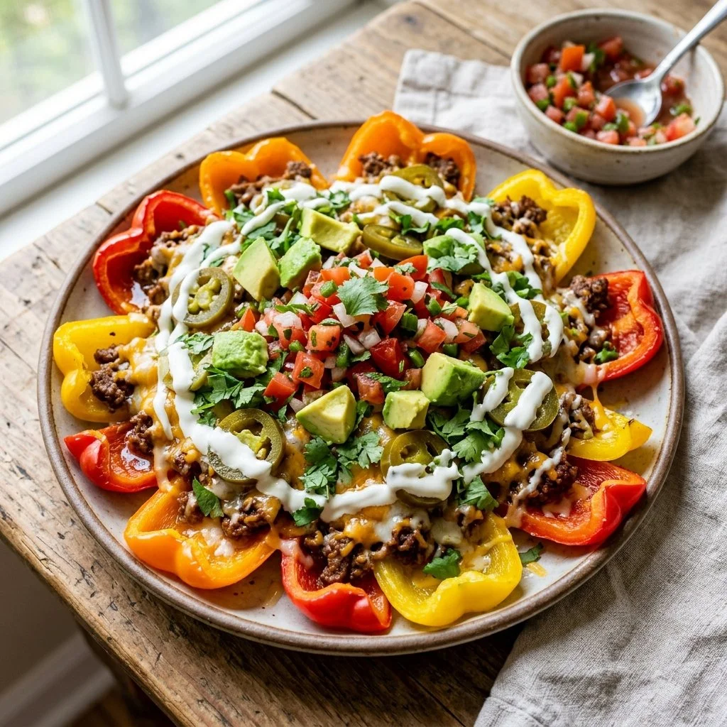 Colorful bell pepper nachos topped with cheese, jalapeños, and salsa.