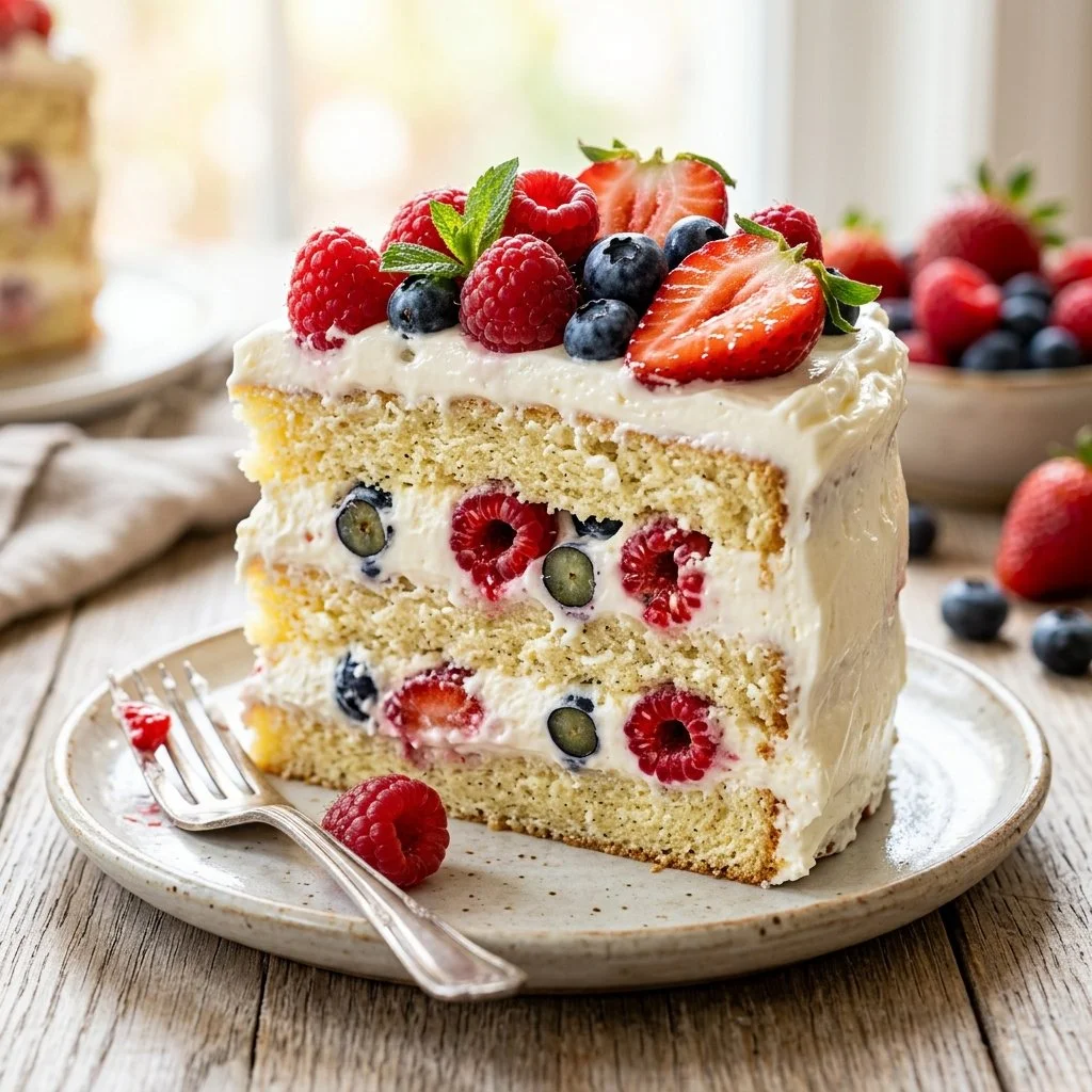 Delicious Berry Chantilly Cake topped with fresh berries and cream