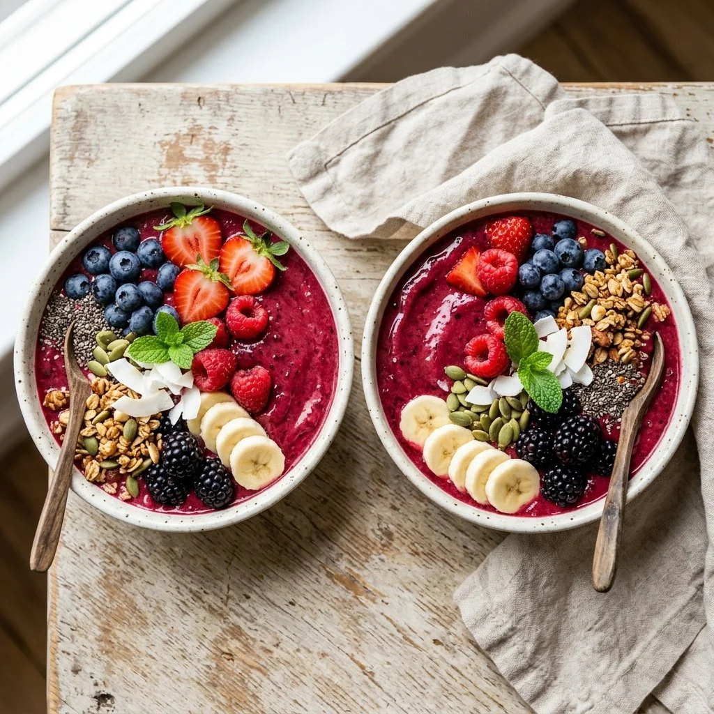 Colorful berry smoothie bowls topped with fresh fruits and seeds
