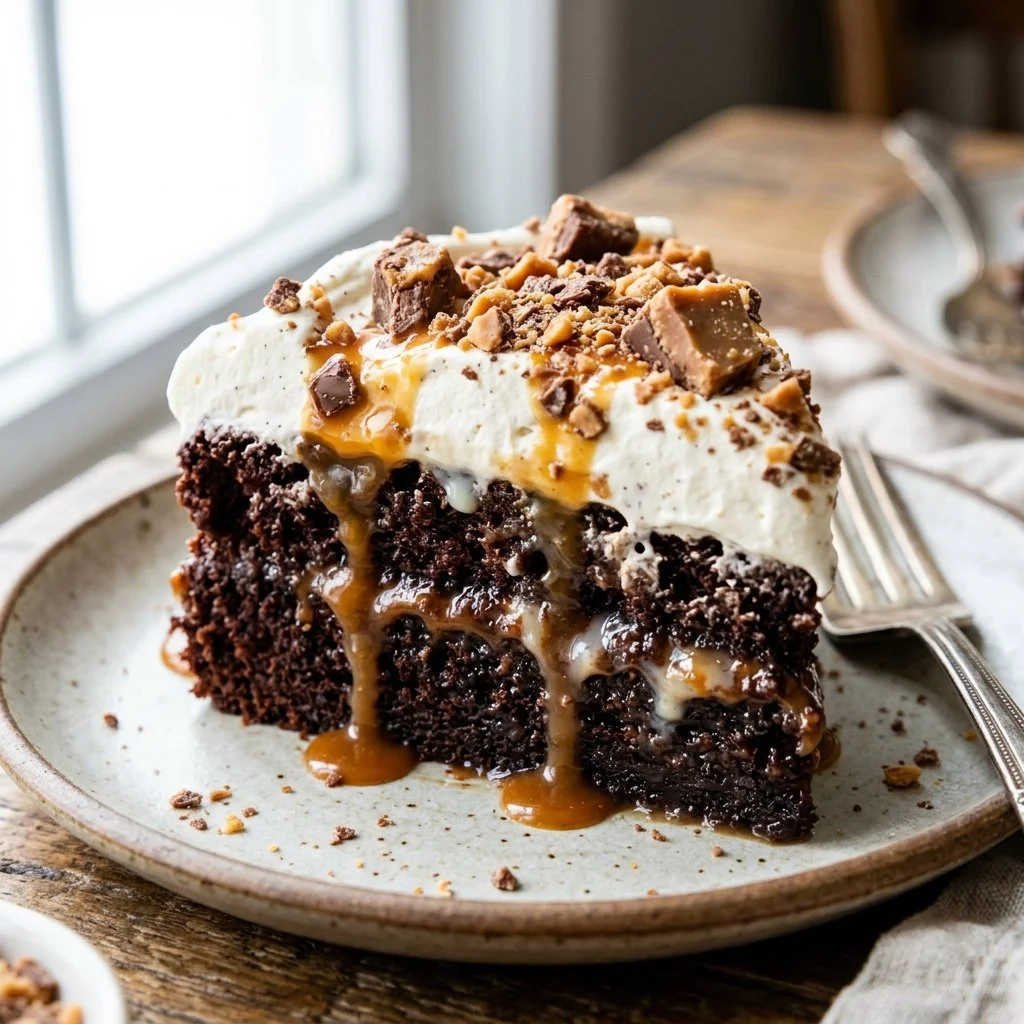 Delicious Better Than Sex Cake with chocolate, caramel, and whipped cream layers