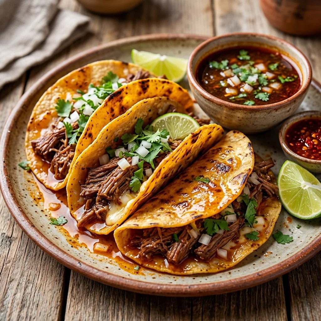 Delicious Birria Tacos served with savory broth