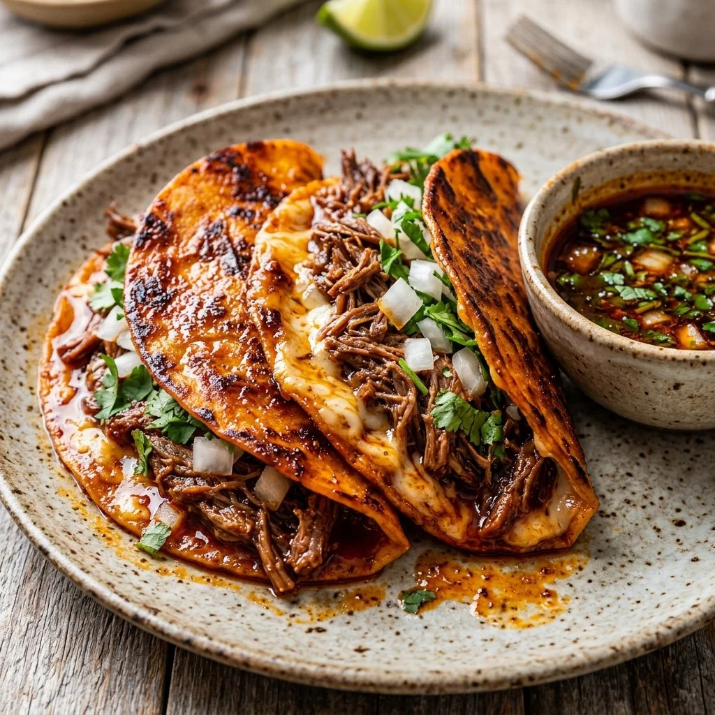Delicious plate of Birria Tacos with consommé for dipping