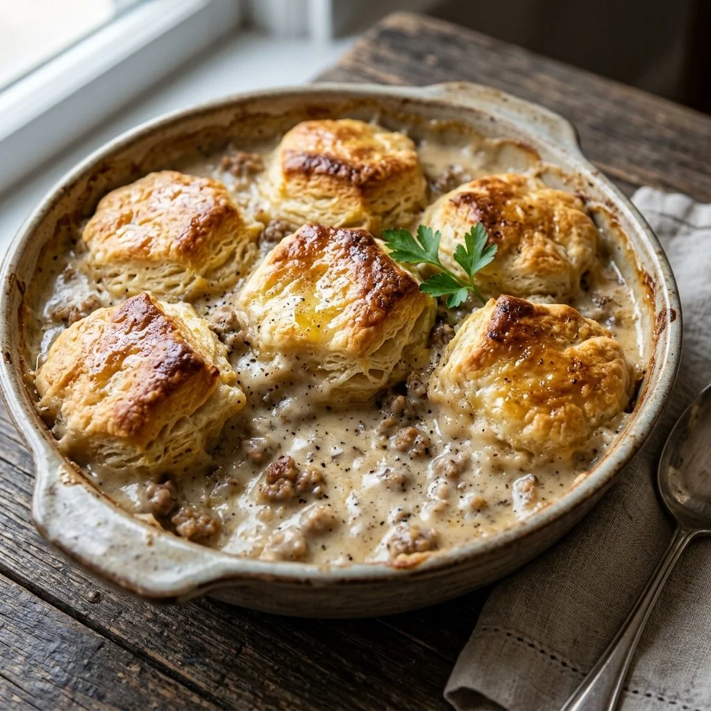 Biscuits and Gravy Casserole fresh out of the oven, ready to serve.