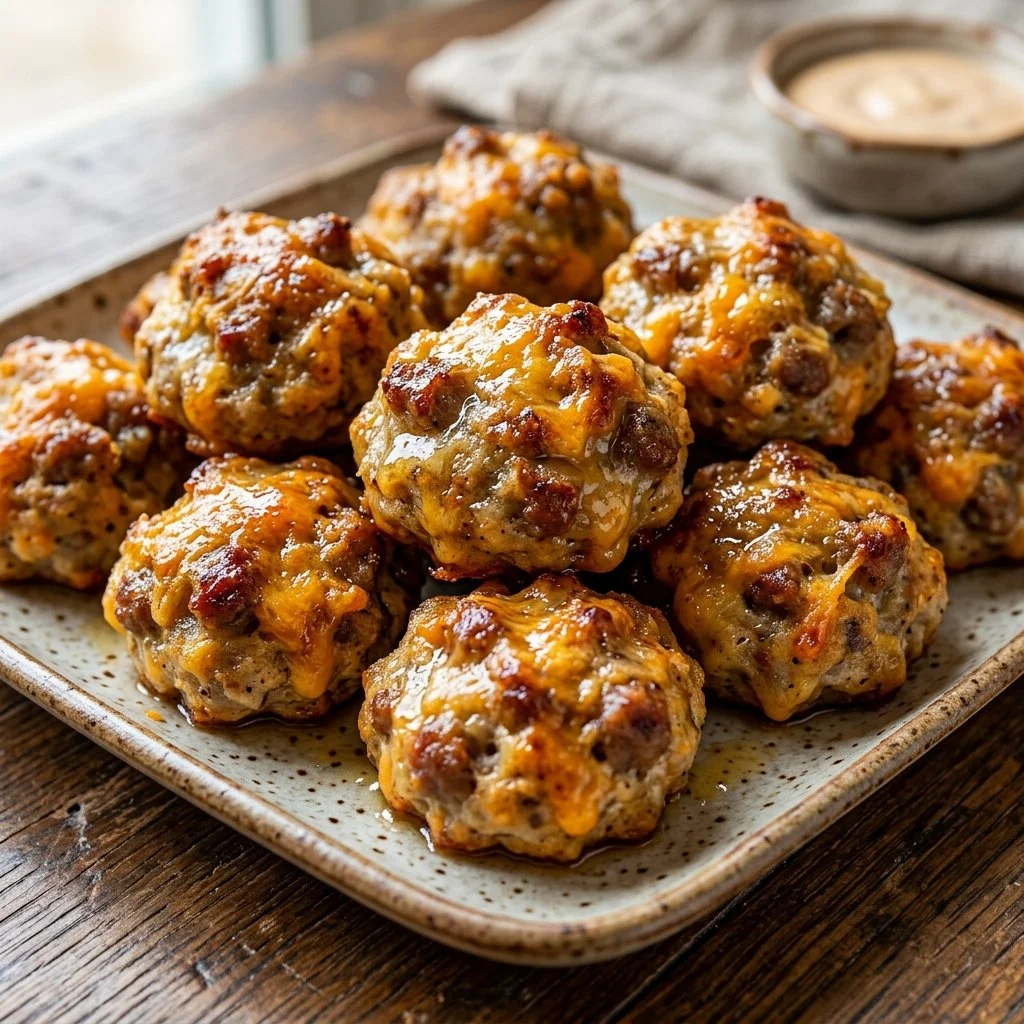Plate of cheesy Bisquick sausage balls, perfect for appetizers or party snacks.