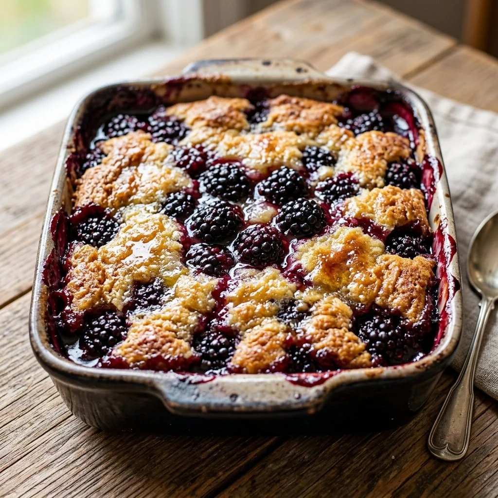Freshly baked blackberry cobbler topped with ice cream