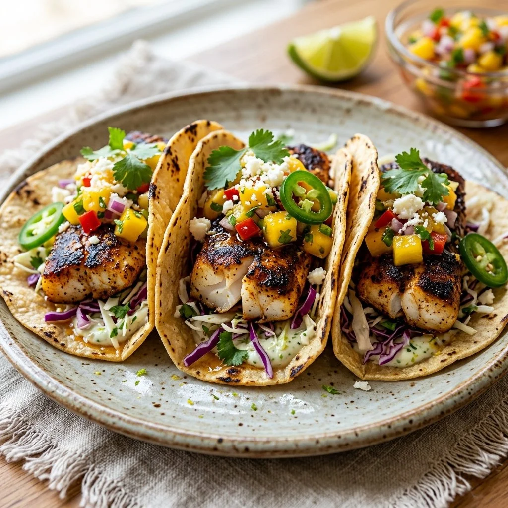 Delicious Blackened Fish Tacos with fresh toppings and a lime wedge