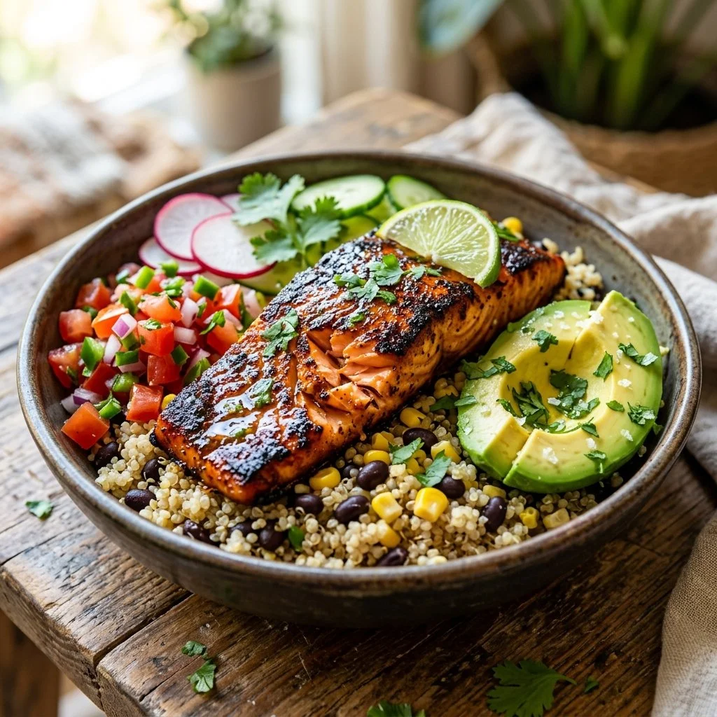 Delicious blackened salmon bowls filled with colorful vegetables and grains.