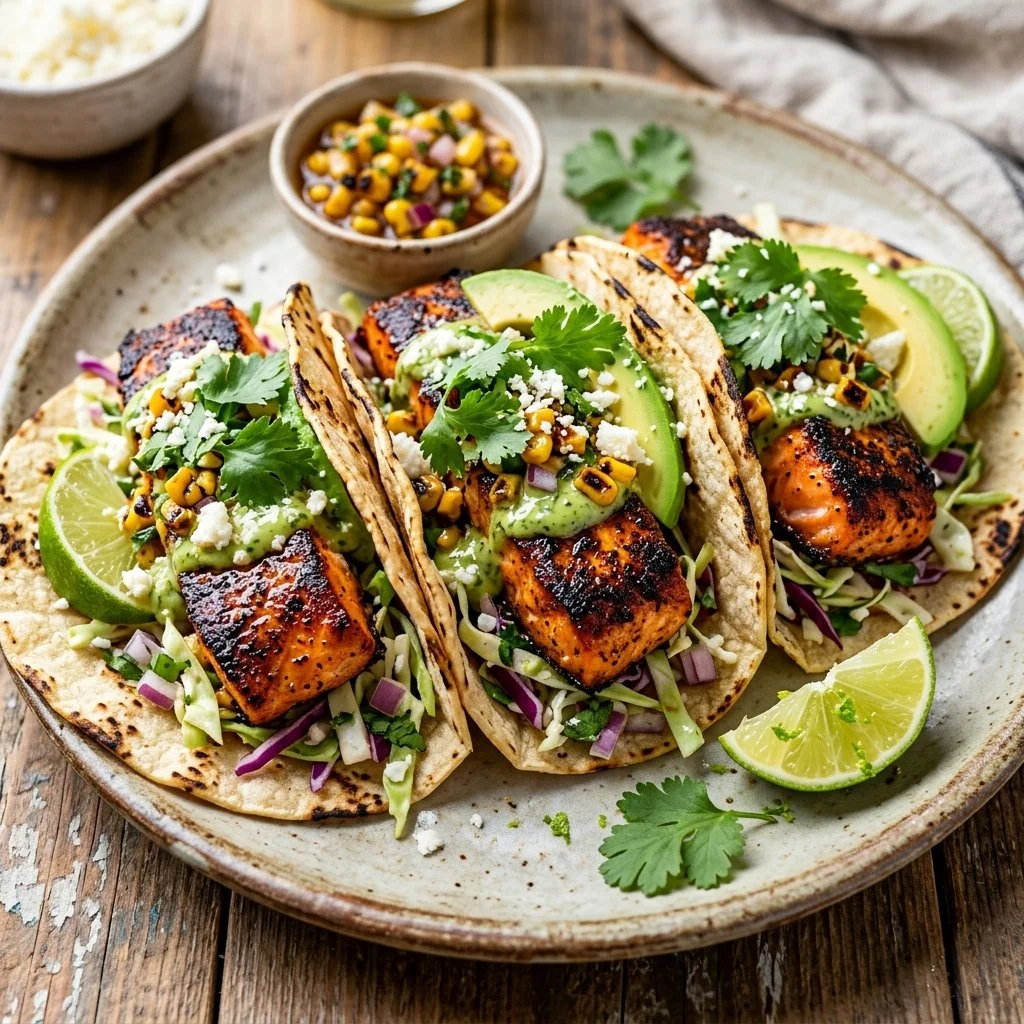 Delicious blackened salmon tacos served with fresh toppings