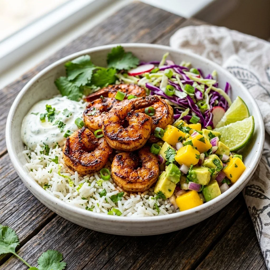 Delicious blackened shrimp bowls topped with fresh vegetables and spices