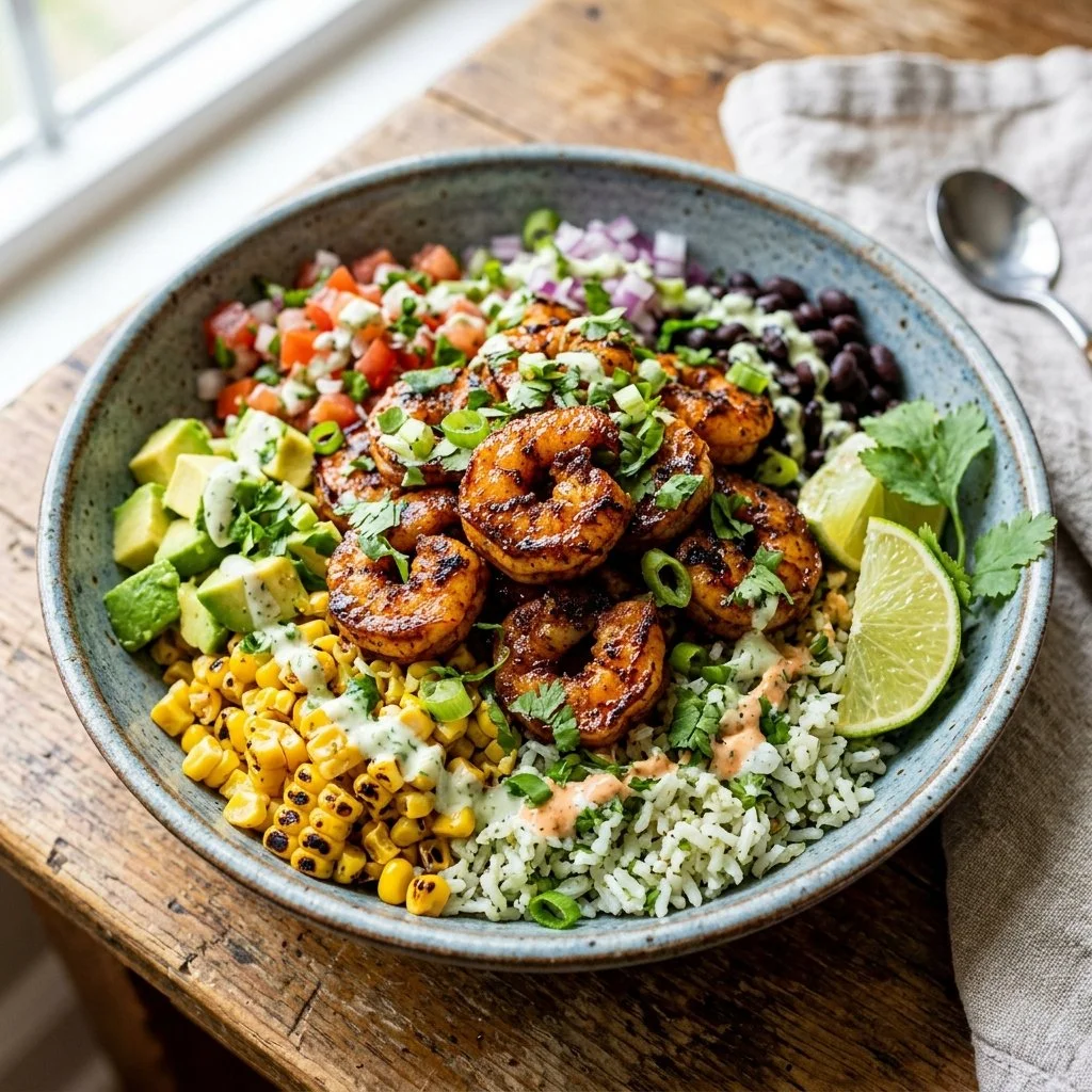 Delicious blackened shrimp bowls with vibrant vegetables and spices.