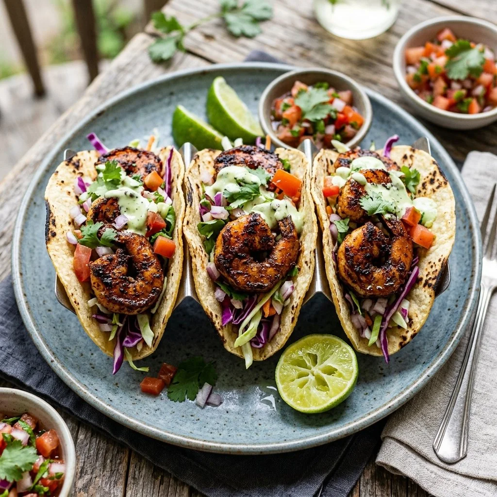 Delicious blackened shrimp tacos served with fresh toppings and a lime wedge
