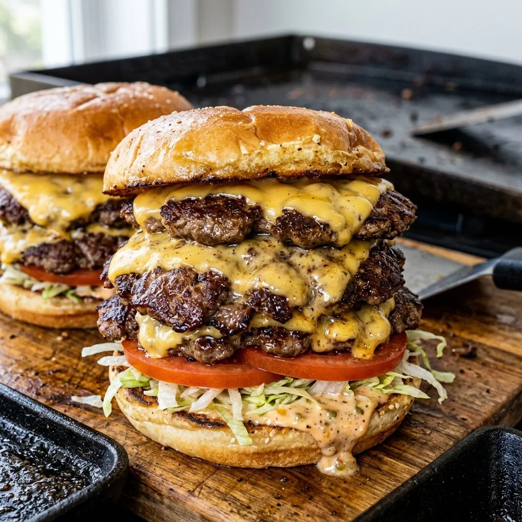 Blackstone Smash Burgers cooking on a griddle, showcasing juicy meat and toppings.