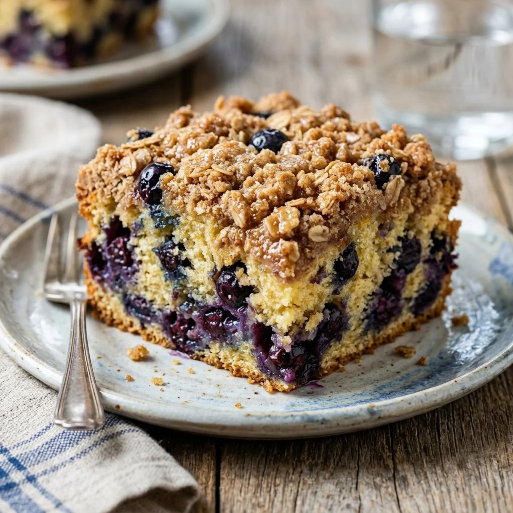 Delicious blueberry coffee cake topped with fresh blueberries and a crumbly topping