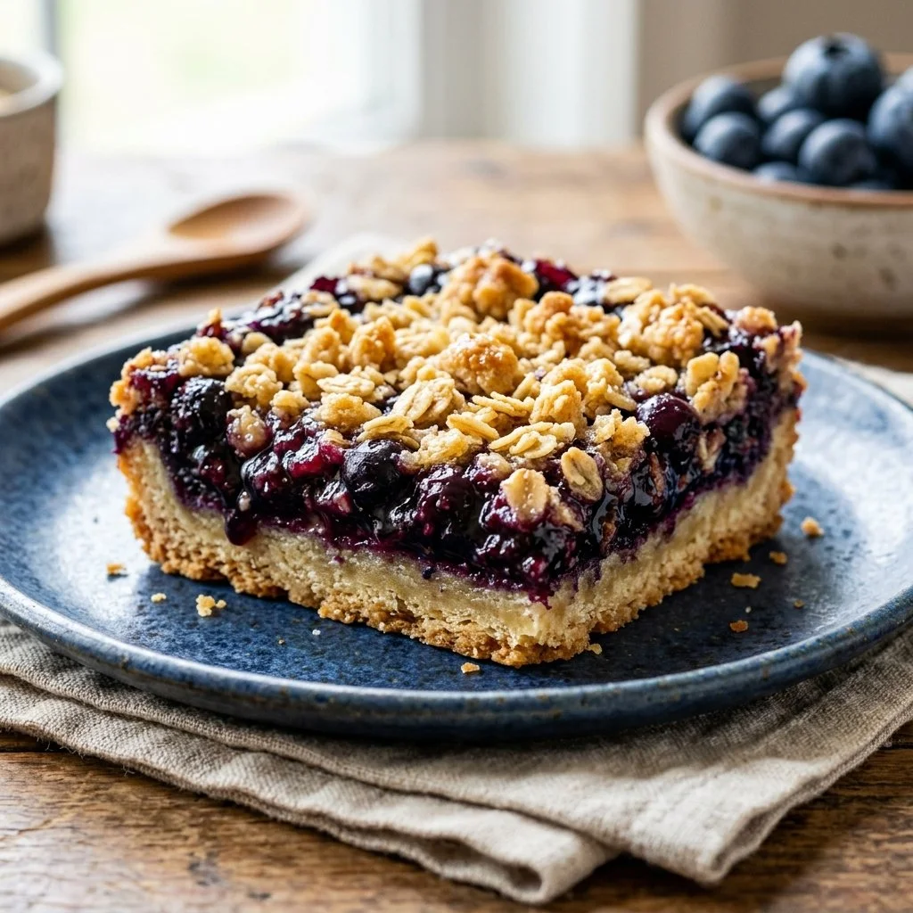 Blueberry crumb bars with a golden crumb topping and fresh blueberries