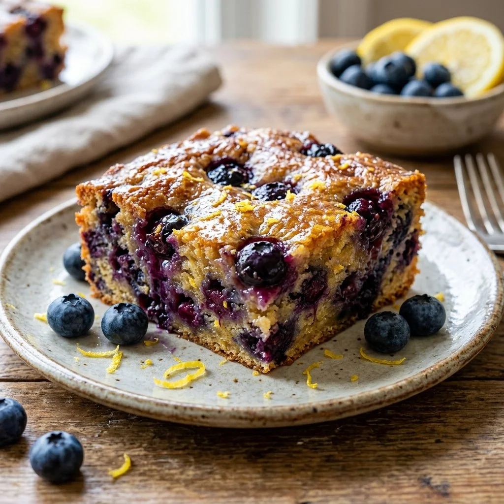 Freshly baked blueberry lemon blondies topped with blueberries and lemon zest