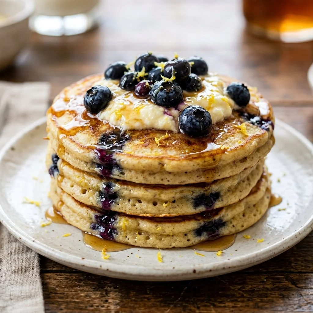 Blueberry lemon ricotta pancakes stacked with fresh blueberries