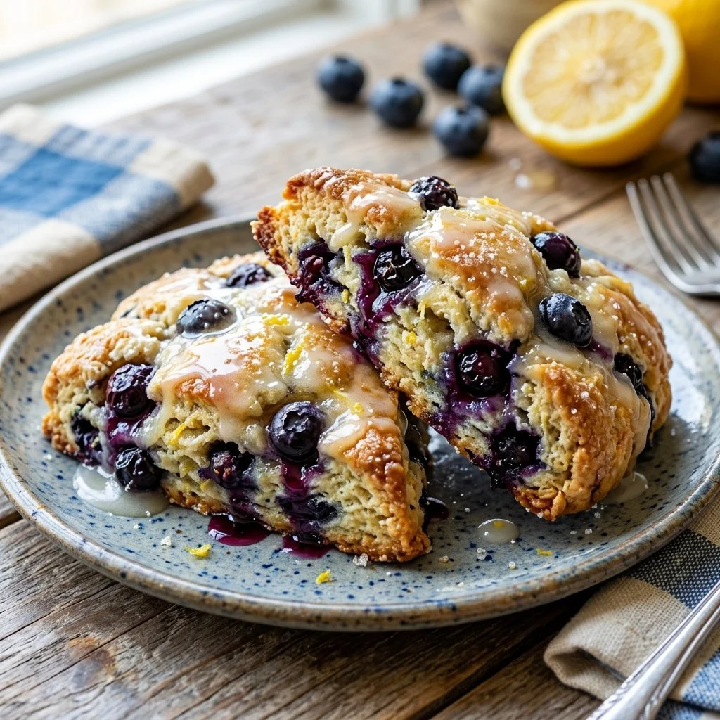 Delicious blueberry lemon scones on a plate with fresh blueberries and lemon slices