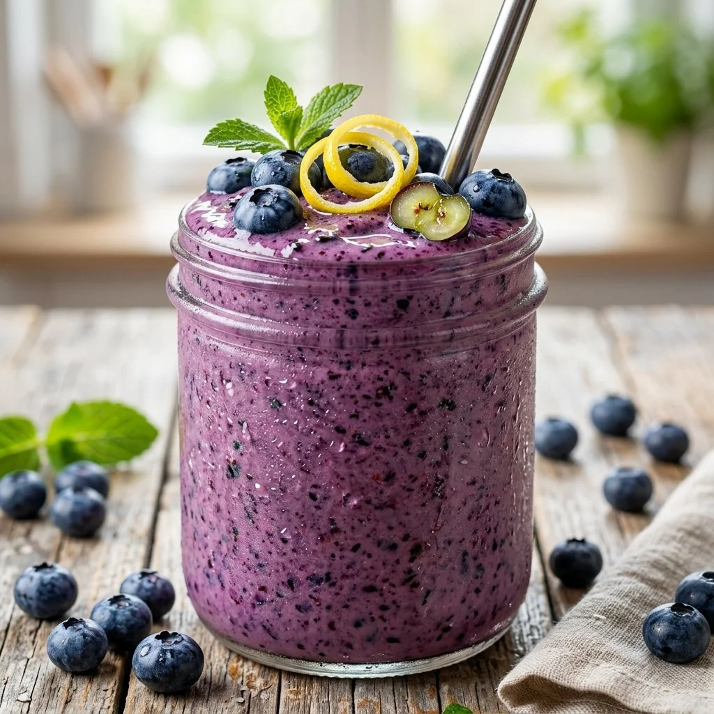 A refreshing blueberry lemon smoothie in a glass, garnished with fresh blueberries and lemon slice.