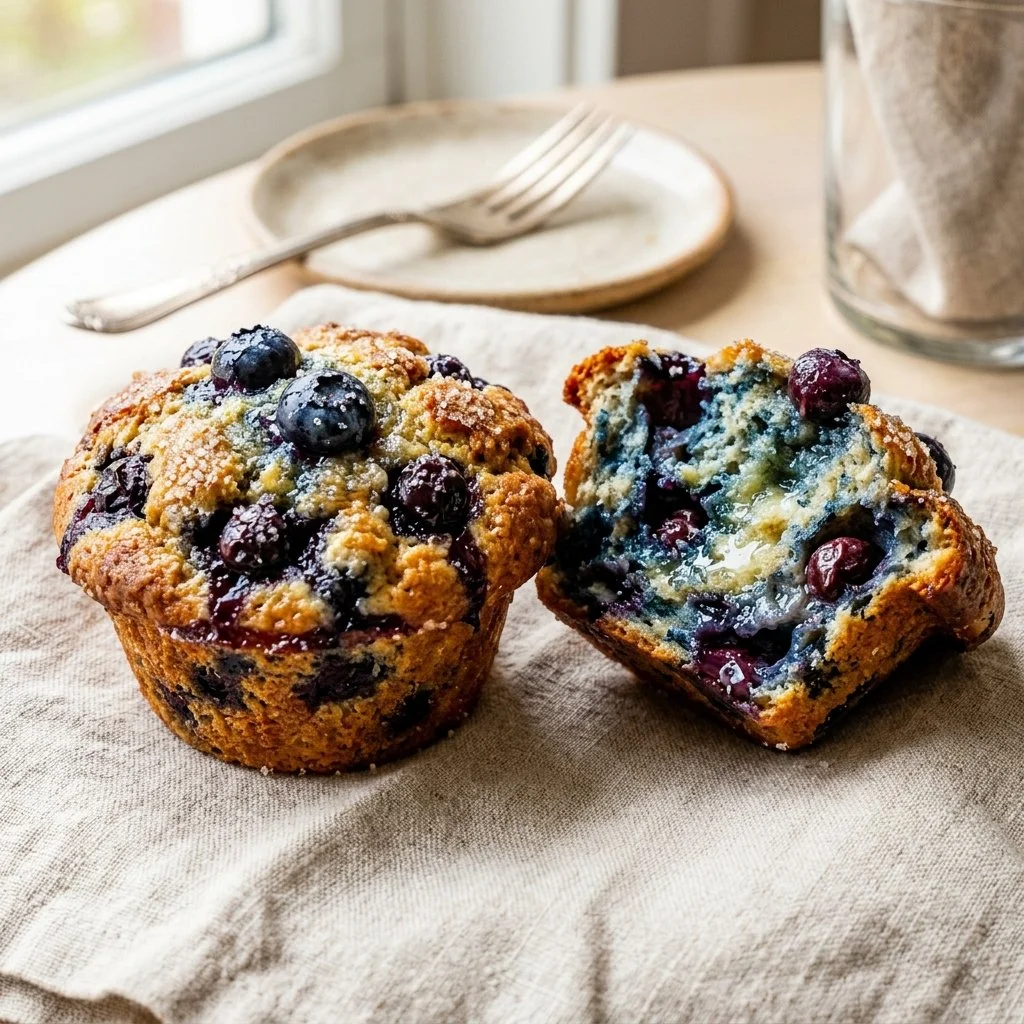 Freshly baked blueberry muffins on a cooling rack