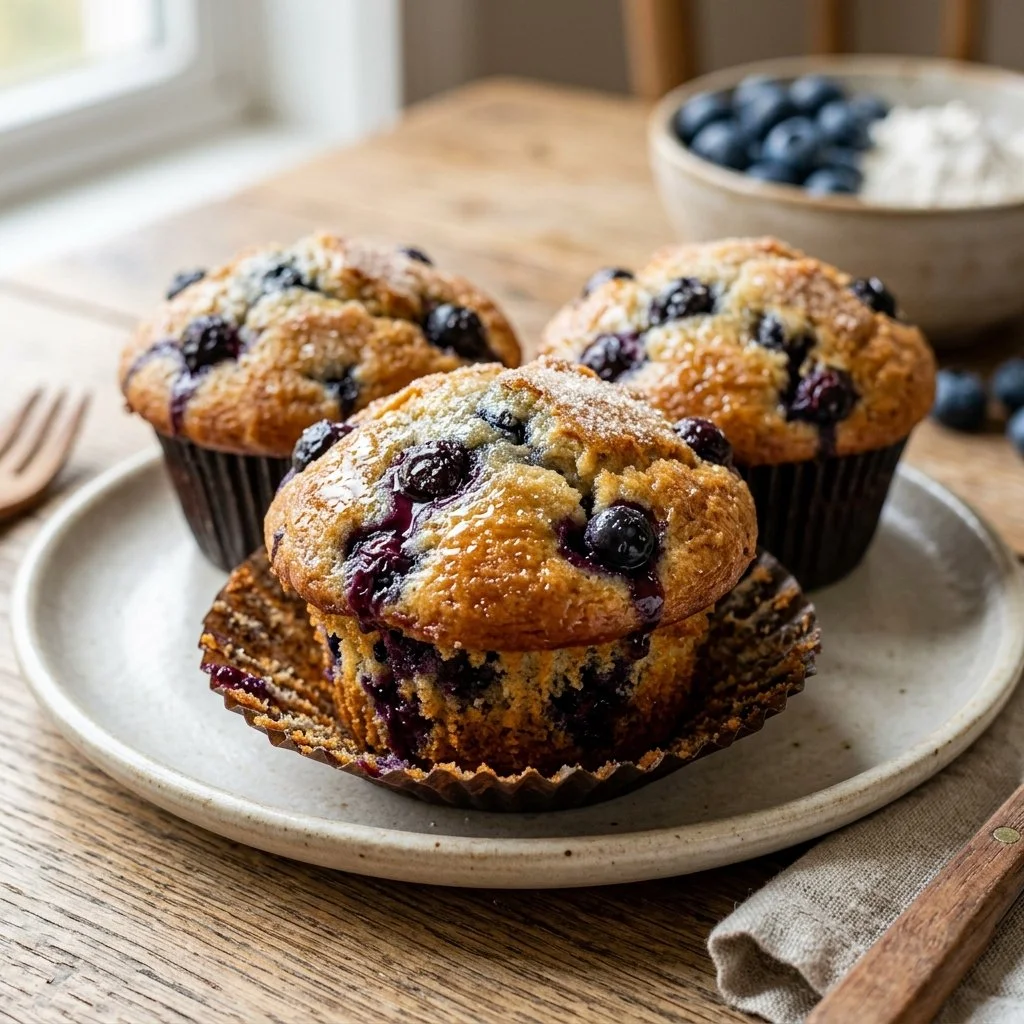 Freshly baked blueberry muffins on a cooling rack.