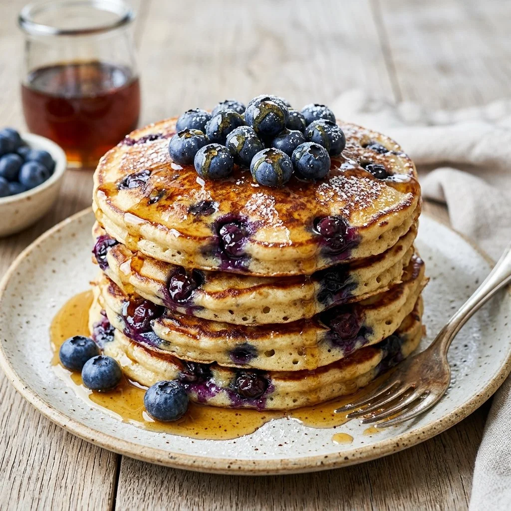 Stack of fluffy blueberry pancakes topped with fresh berries and syrup