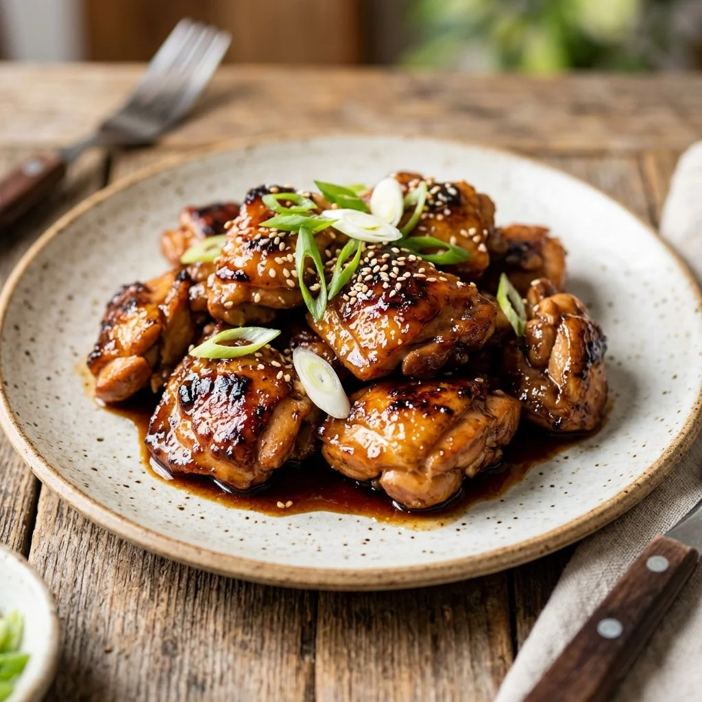 Delicious Bourbon Chicken served with rice and vegetables