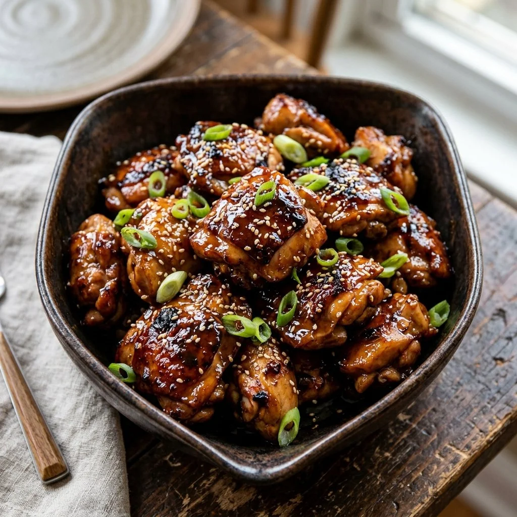 Delicious Bourbon Chicken served with vegetables and rice on a plate.