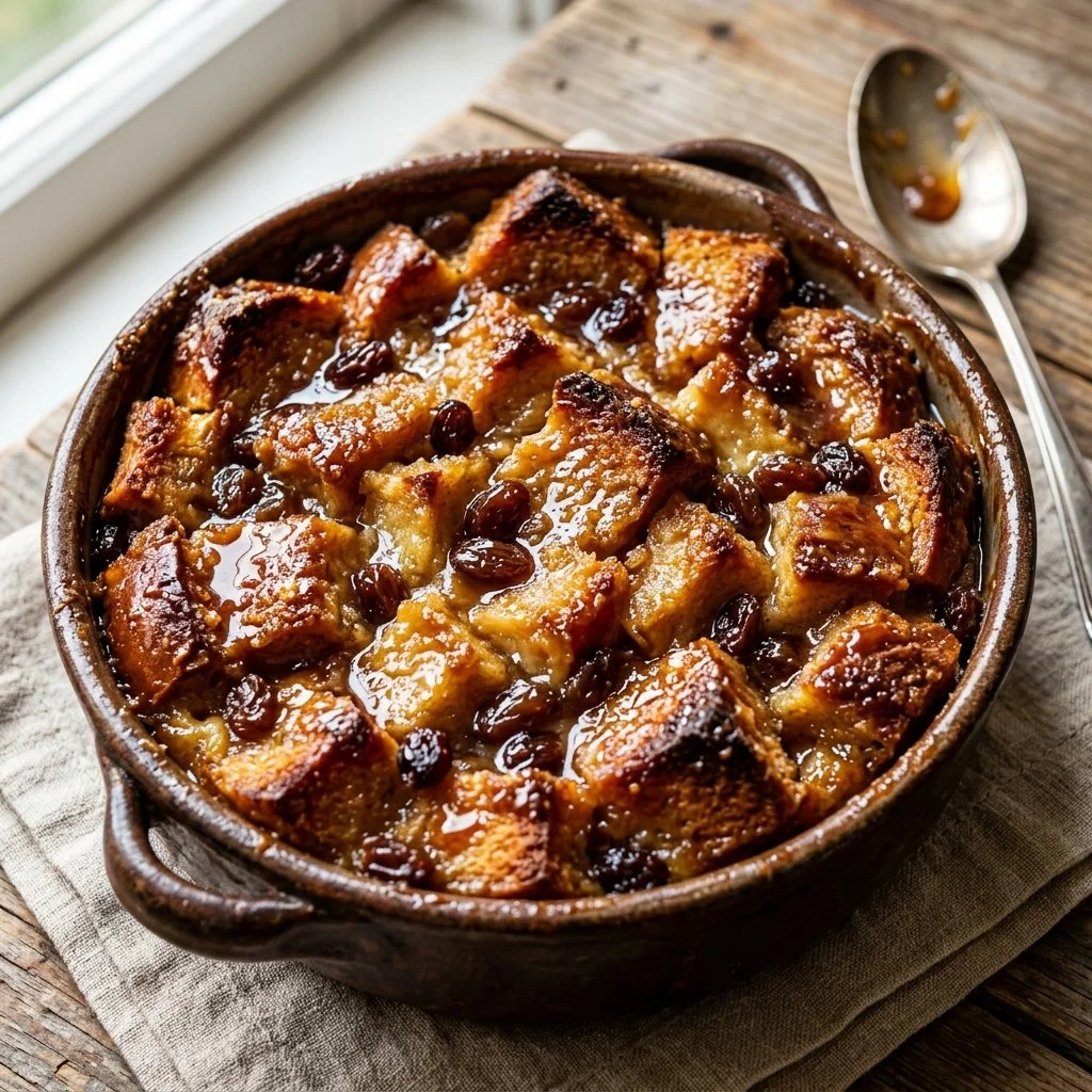 Delicious homemade bread pudding garnished with caramel sauce and raisins