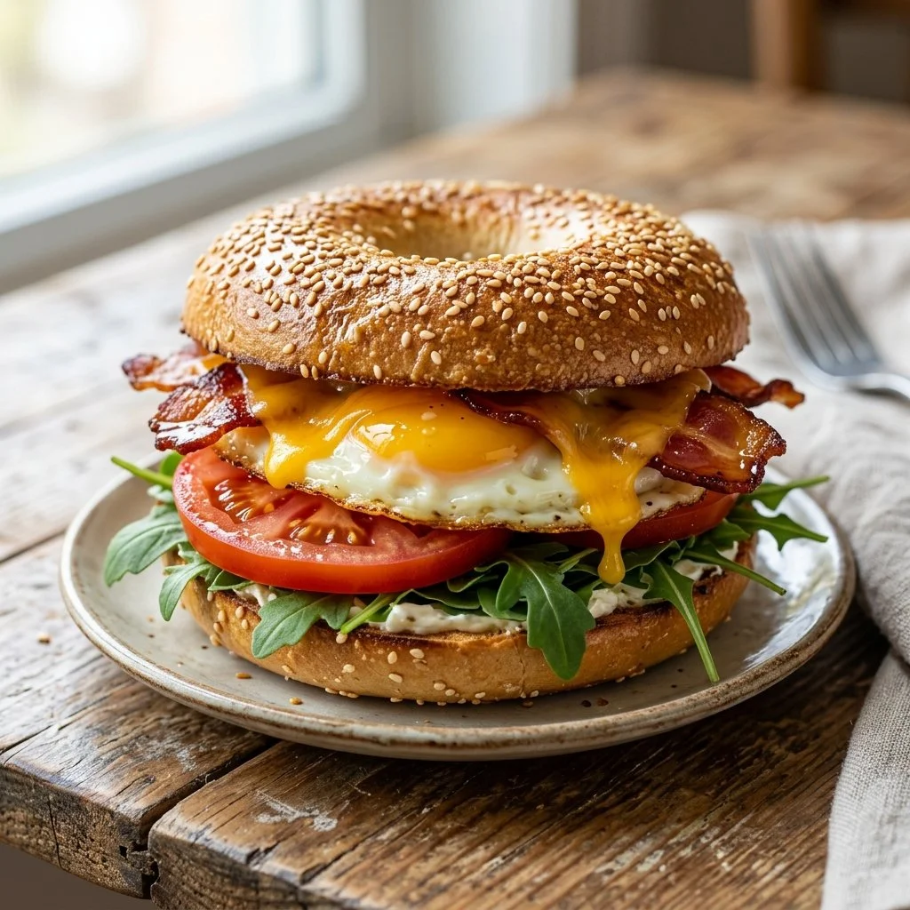 Delicious Breakfast Bagel Sandwich with eggs, cheese, and fresh toppings.