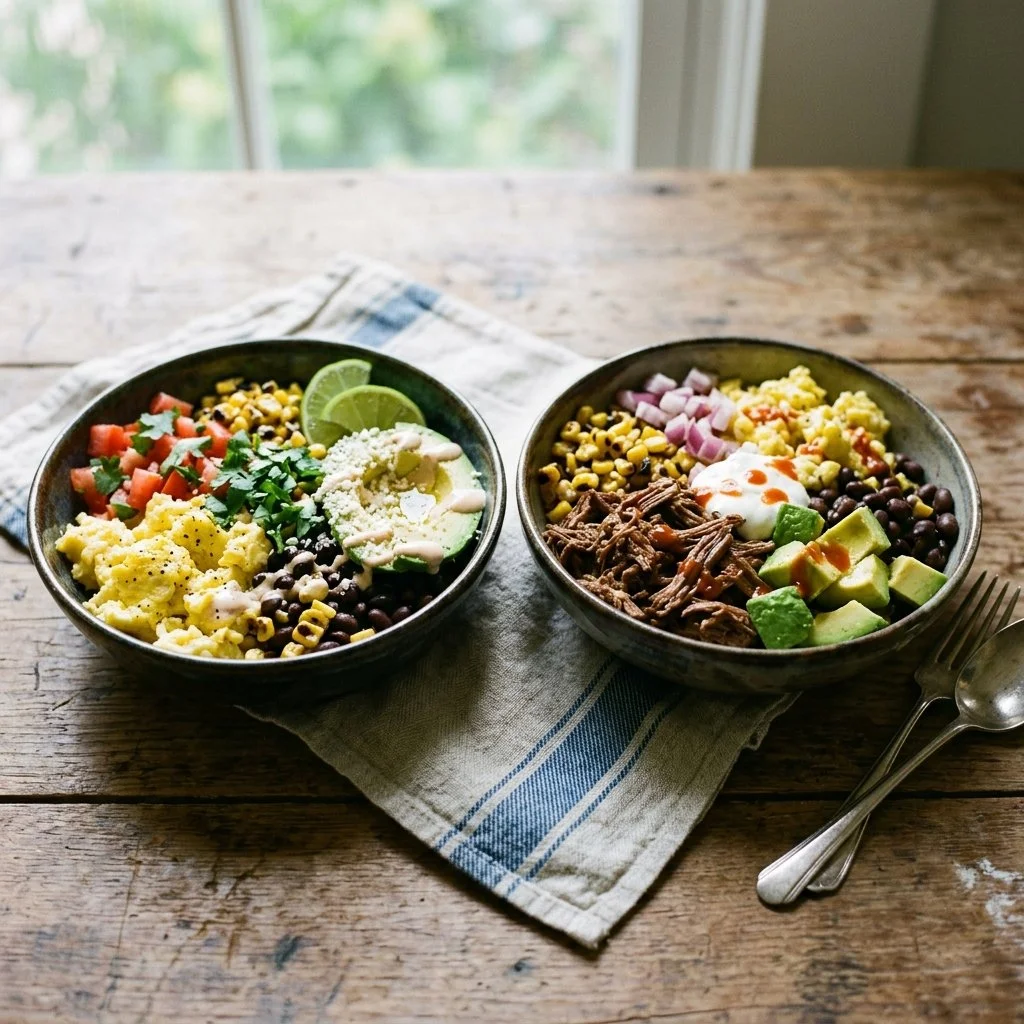 Delicious breakfast burrito bowls with fresh ingredients and savory toppings