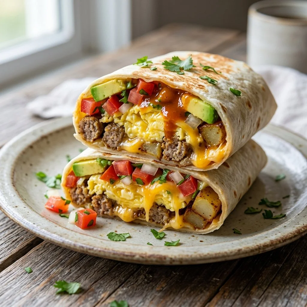 Delicious breakfast burritos with eggs, cheese, and fresh toppings