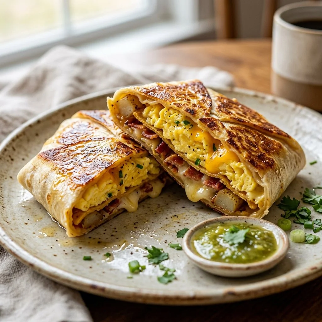 Delicious Breakfast Crunchwrap filled with eggs, cheese, and crispy bacon
