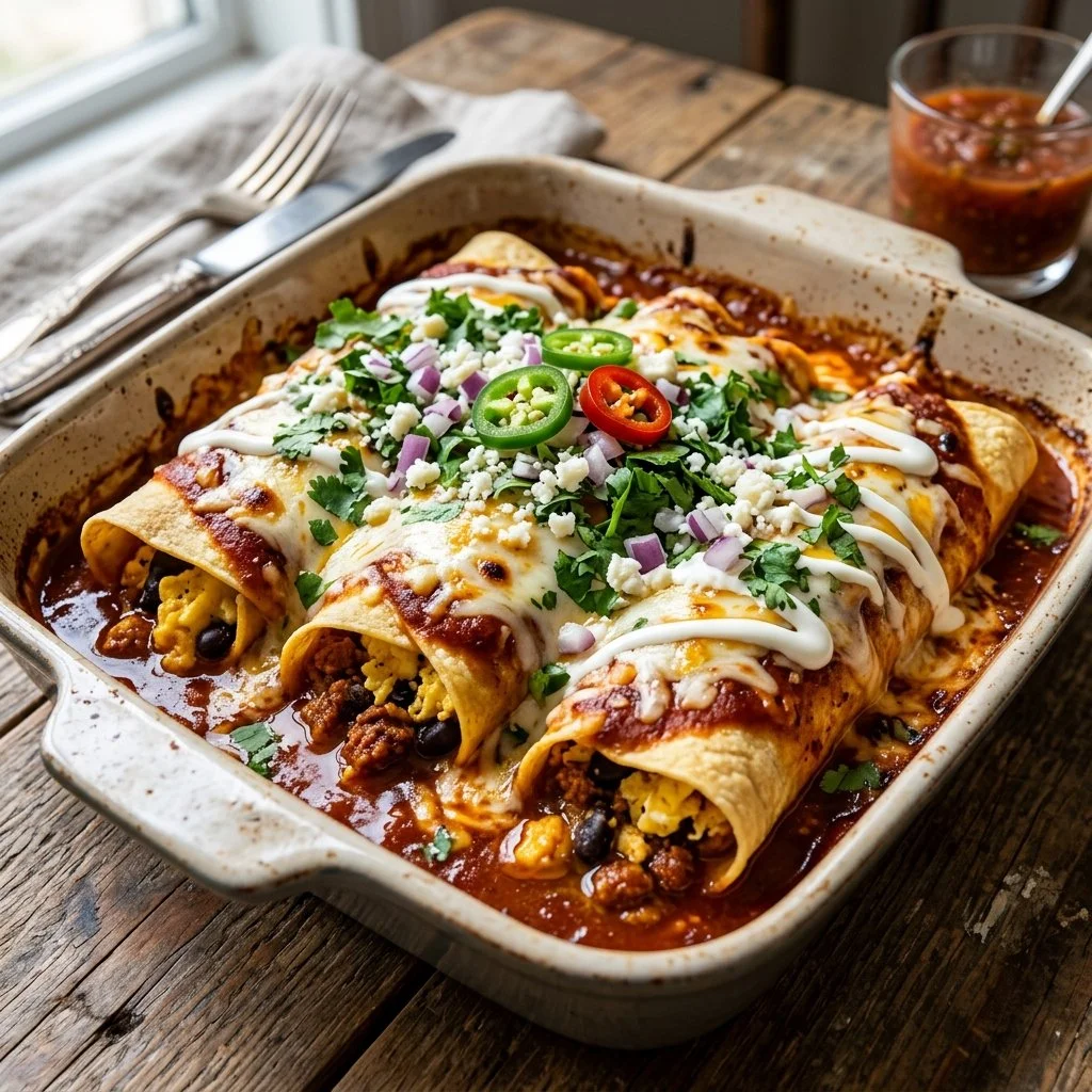 Delicious breakfast enchiladas topped with cheese and fresh ingredients