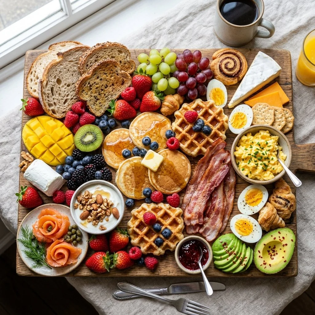 Colorful breakfast grazing board with fruits, cheeses, and pastries