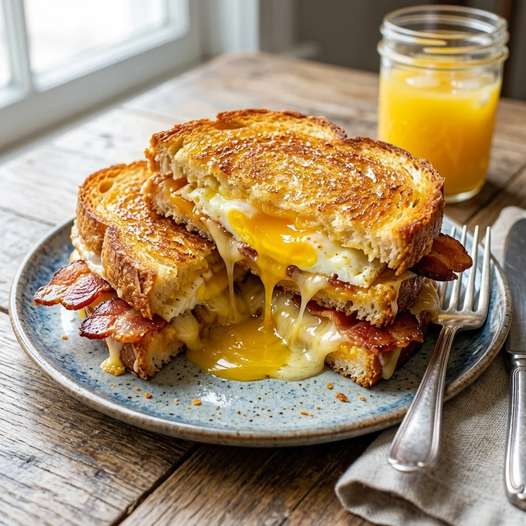 Delicious breakfast grilled cheese sandwich with eggs and cheese