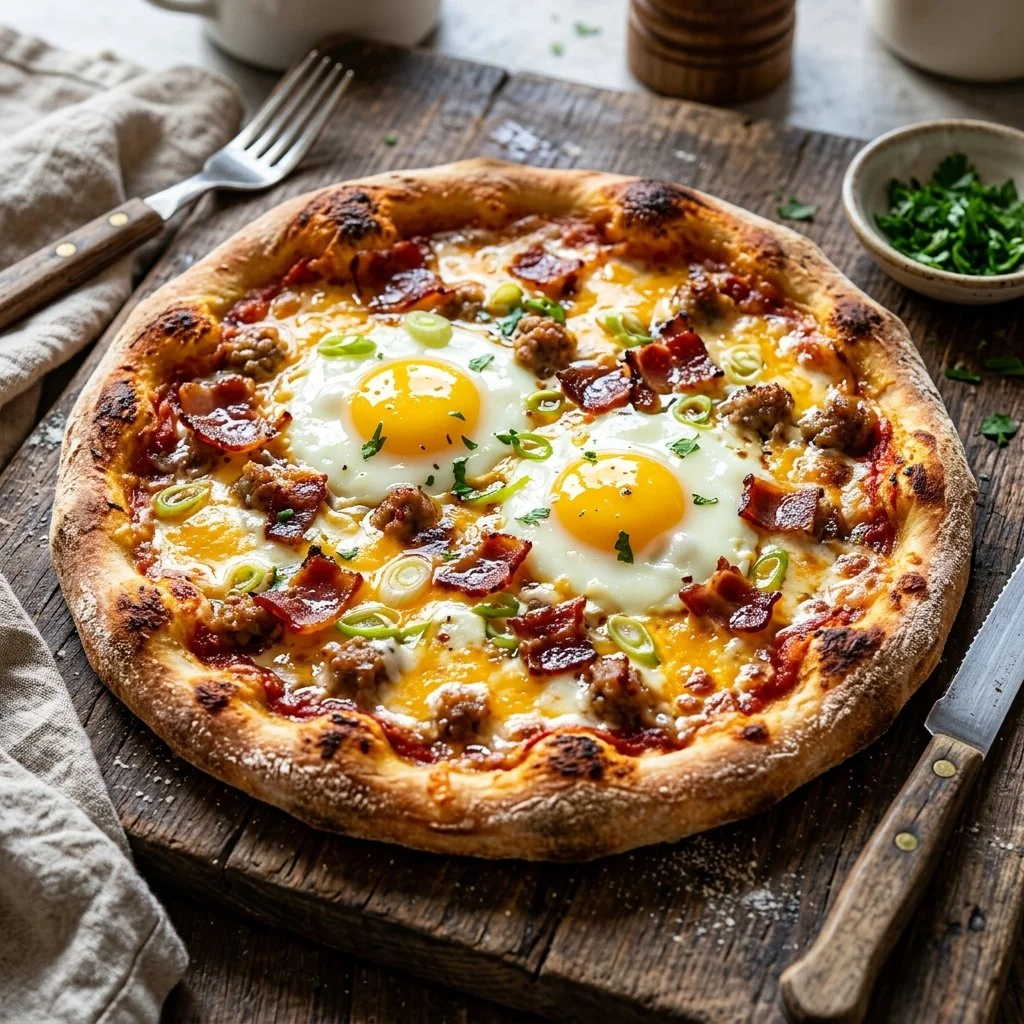 Delicious breakfast pizza topped with eggs, bacon, and cheese.