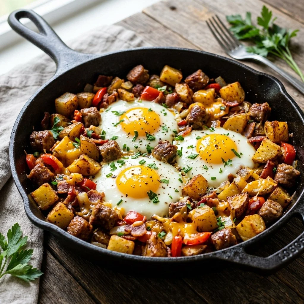 Delicious breakfast potato skillet with crispy potatoes, vegetables, and eggs