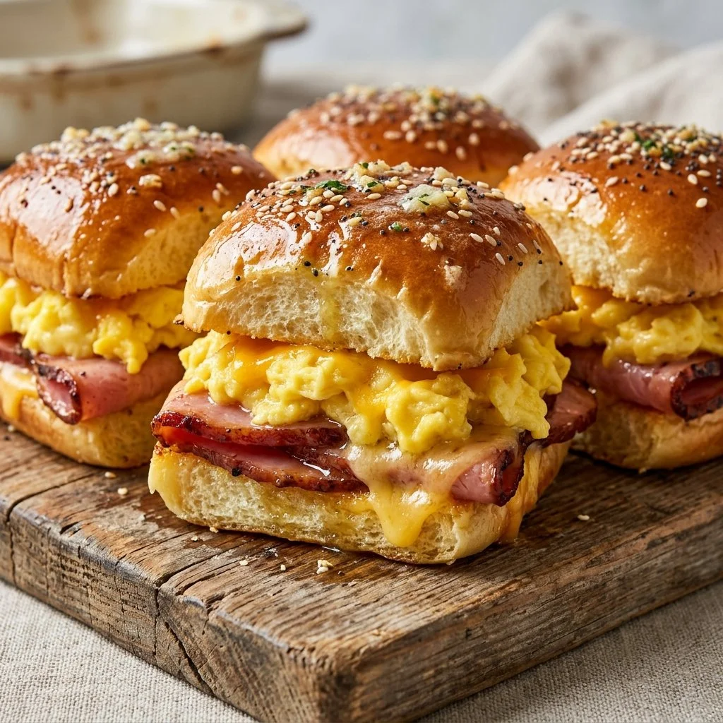 Delicious breakfast sliders with ham on a plate.