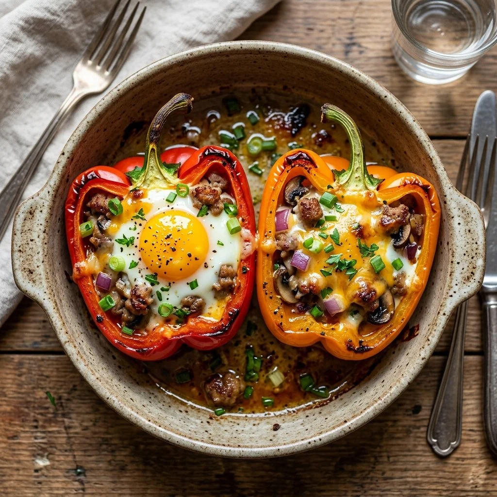 Colorful breakfast stuffed peppers filled with eggs and vegetables