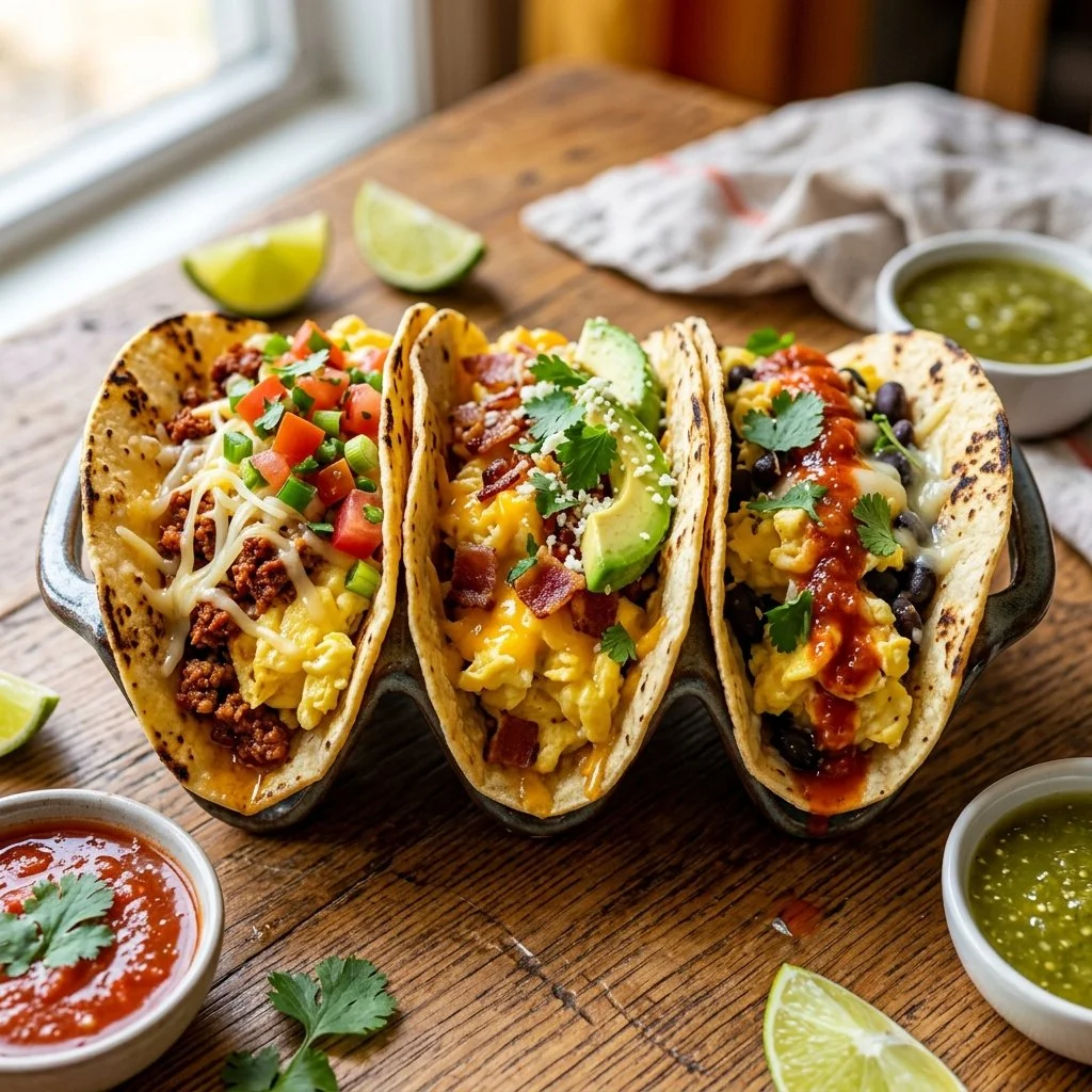Delicious breakfast tacos with eggs, cheese, and fresh toppings