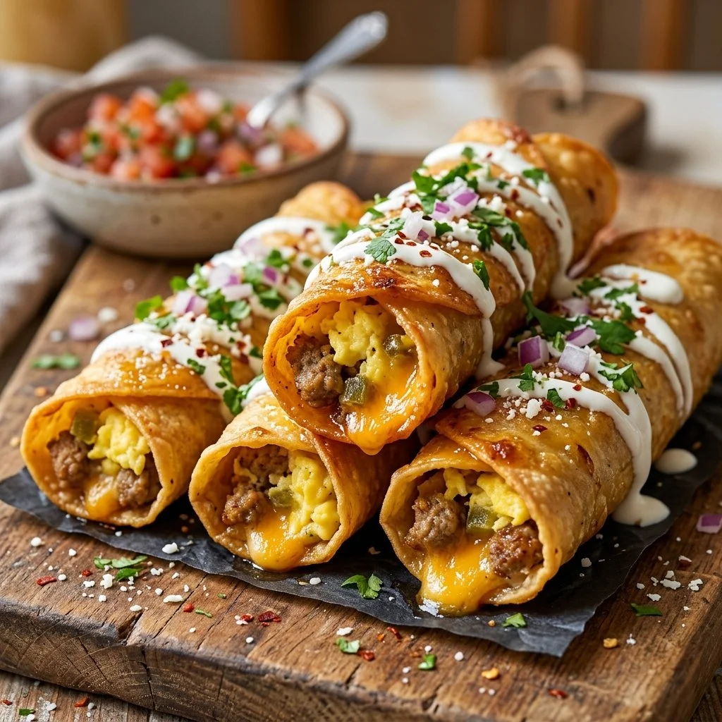 Delicious breakfast taquitos filled with eggs, cheese, and spices on a plate